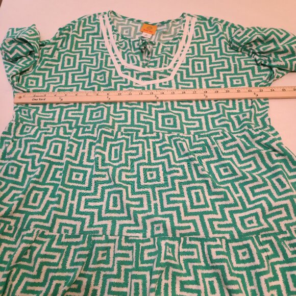 Ruby Rd. dress Women's XL Green white trellis print Split neck 3/4 puff sleeves - Picture 8 of 16